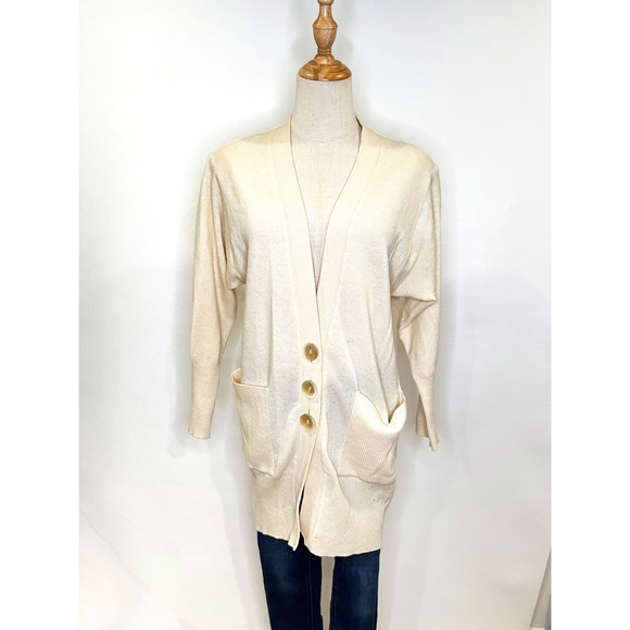 Benetton Vintage Long Cardigan Wool Blend V-Neck 3 Button Cream Medium